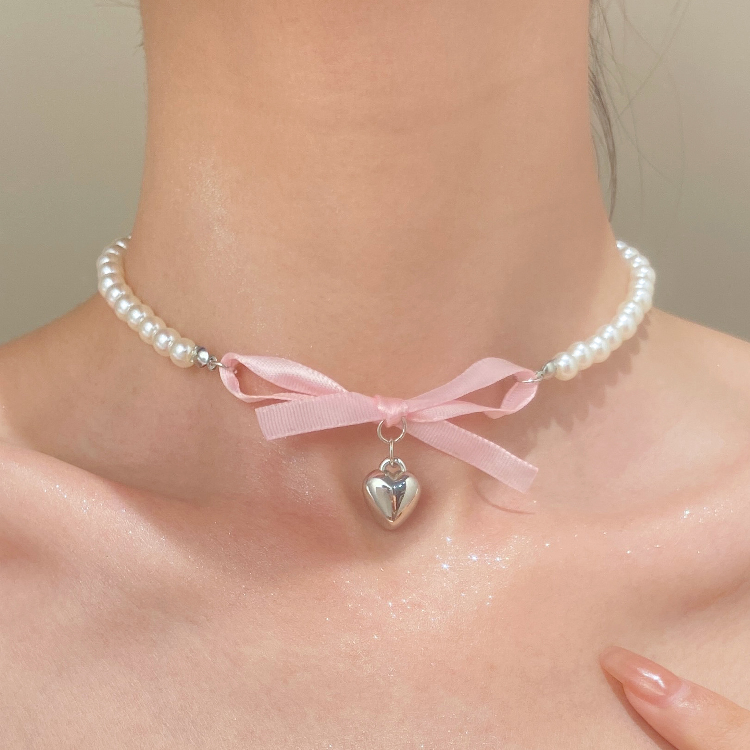 Pearl Necklace Set - Francês romântico rosa bowknot coração pingente
