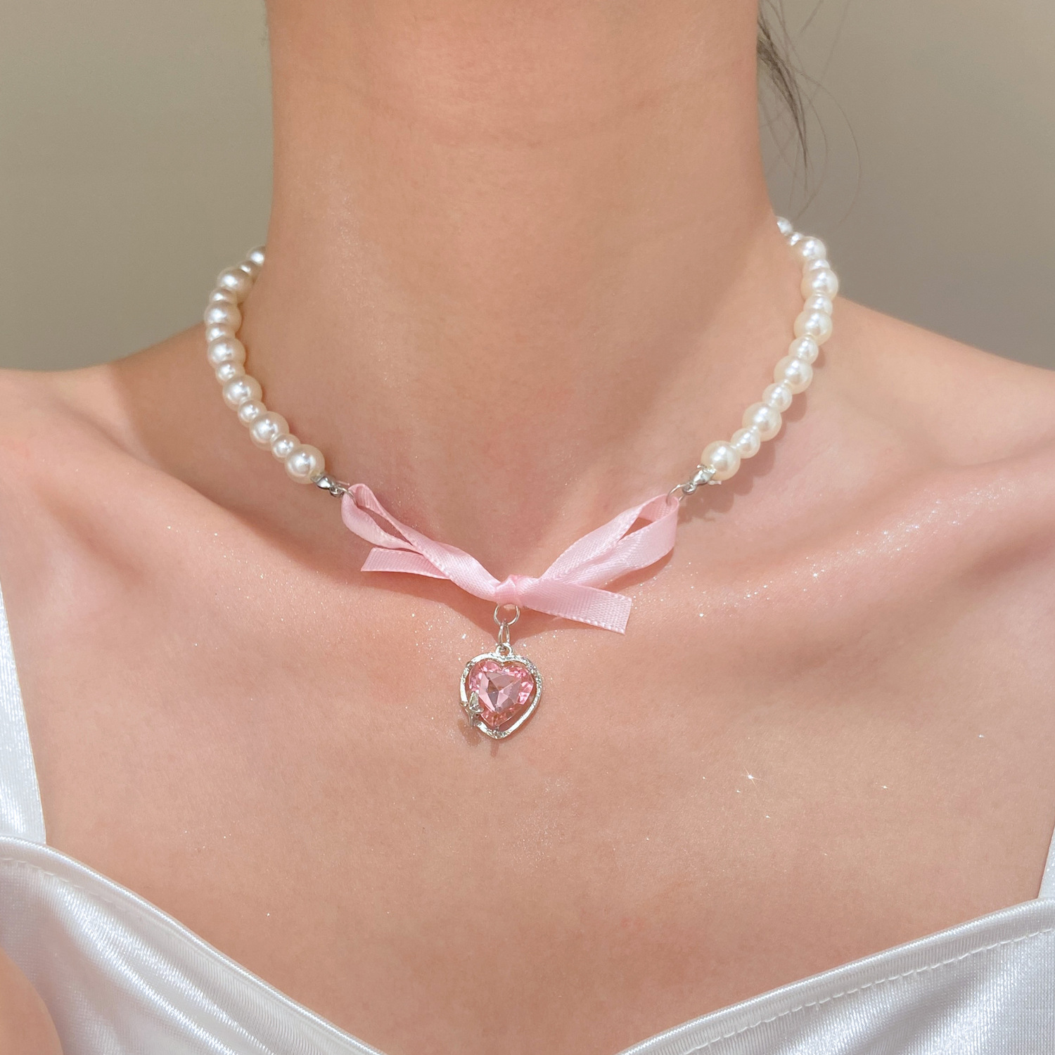 Francês romântico rosa bowknot - Pearl Necklace Set avaliação e preço