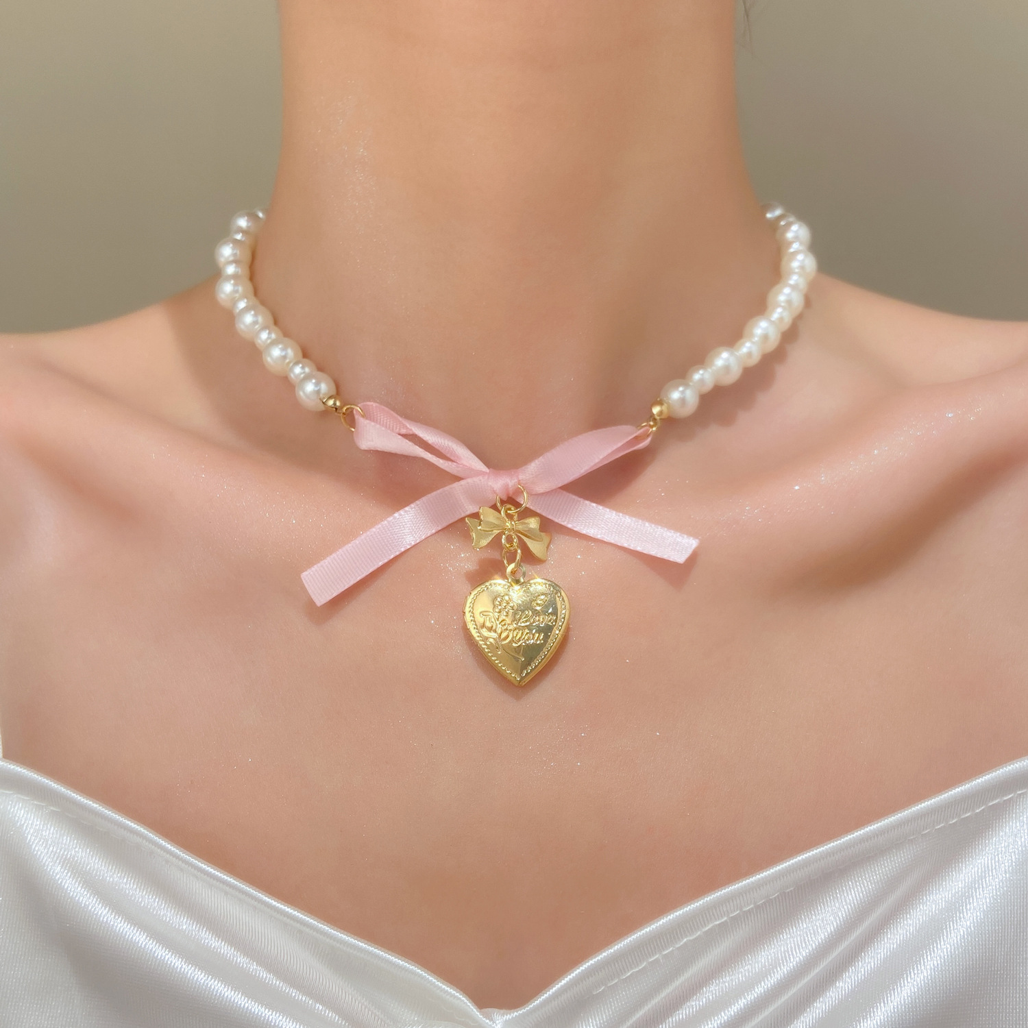 Francês romântico rosa bowknot - Pearl Necklace Set avaliação e preço